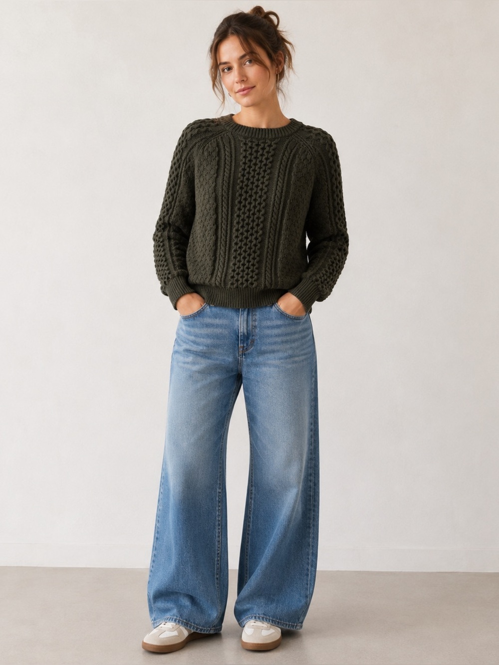 J Crew Olive Green Wool Blend Fisherman Knit Crew Neck Sweater Women Size Med